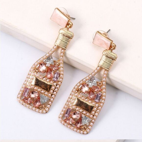 #ck1 CHAMPAGNE BOTTLE COCKTAIL DANGLE EARRINGS - Picture 5 of 8